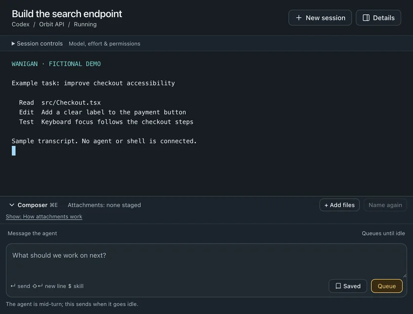 A Codex session titled “Build the search endpoint”, its terminal showing a fictional transcript, and the composer below it with “Queues until idle”.