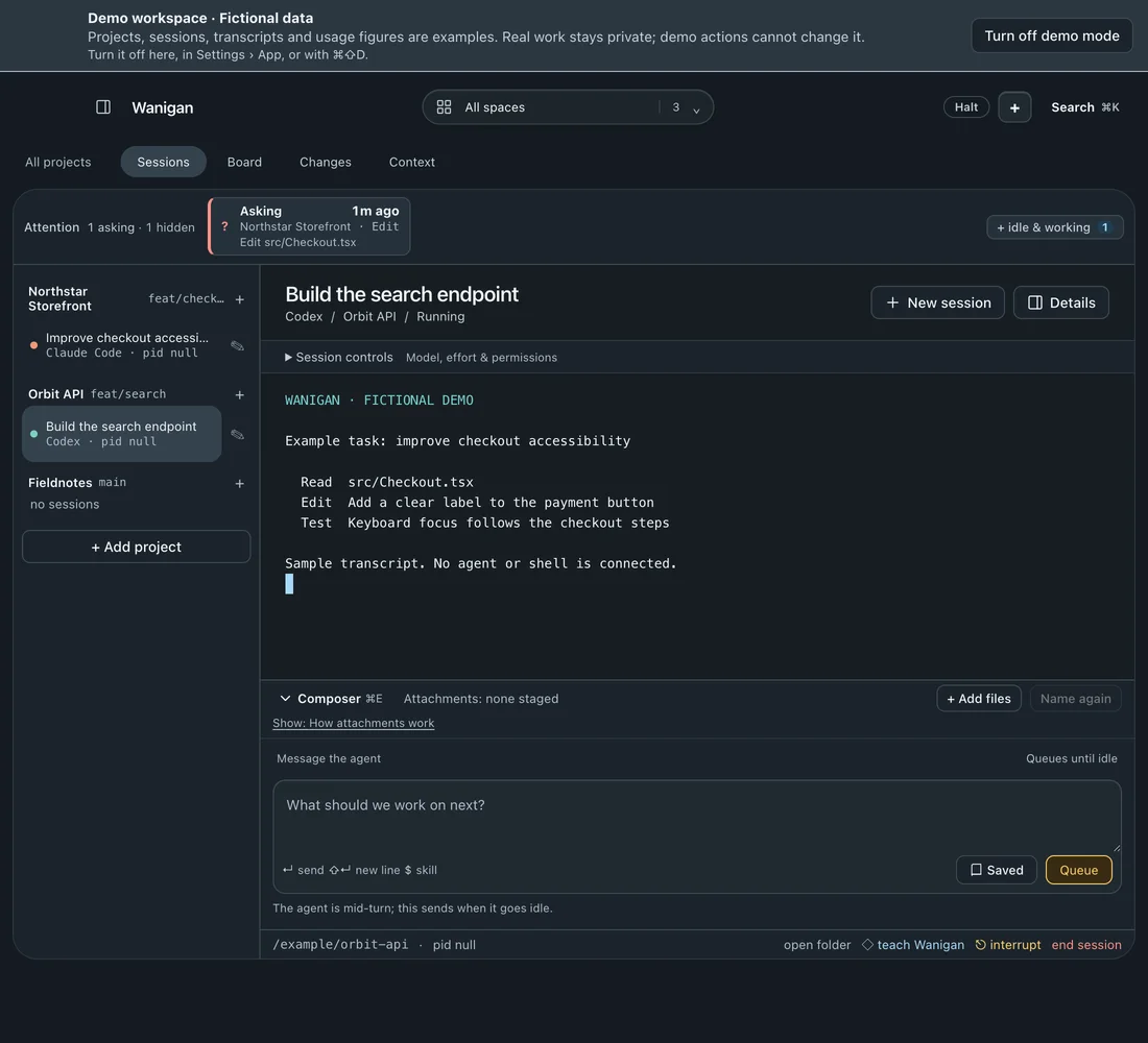 The whole window: A Codex session titled “Build the search endpoint”, its terminal showing a fictional transcript, and the composer below it with “Queues until idle”.